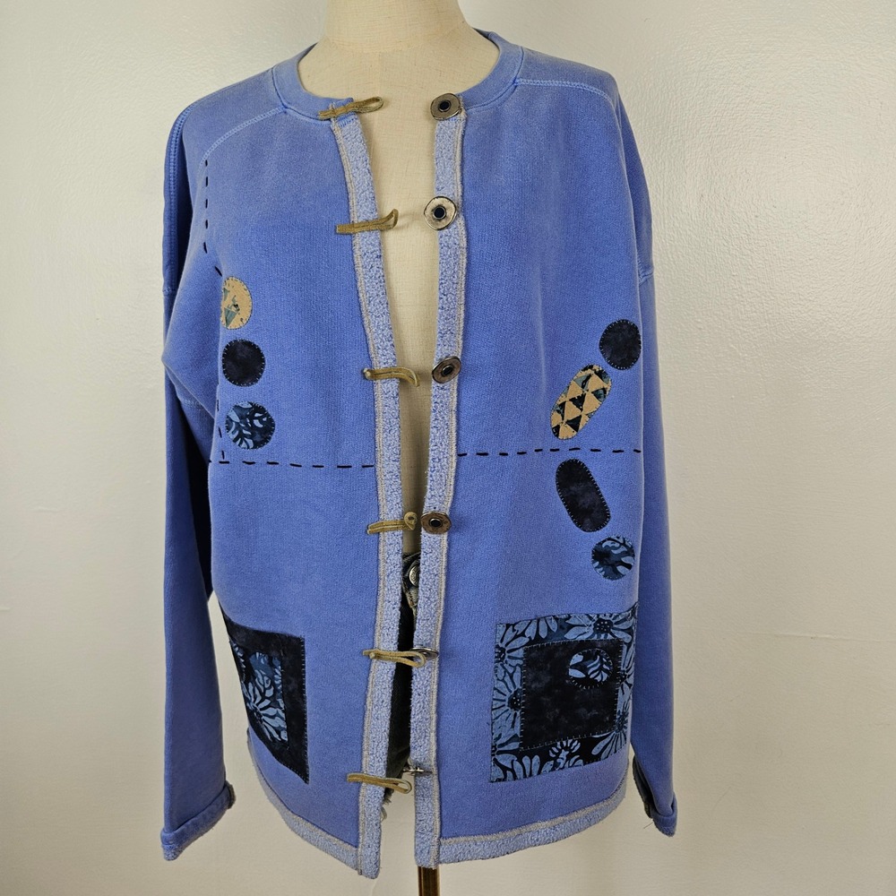 Artsy Applique Upcycled Sweatshirt Cardigan Sz L? Blue Wash Button Patched